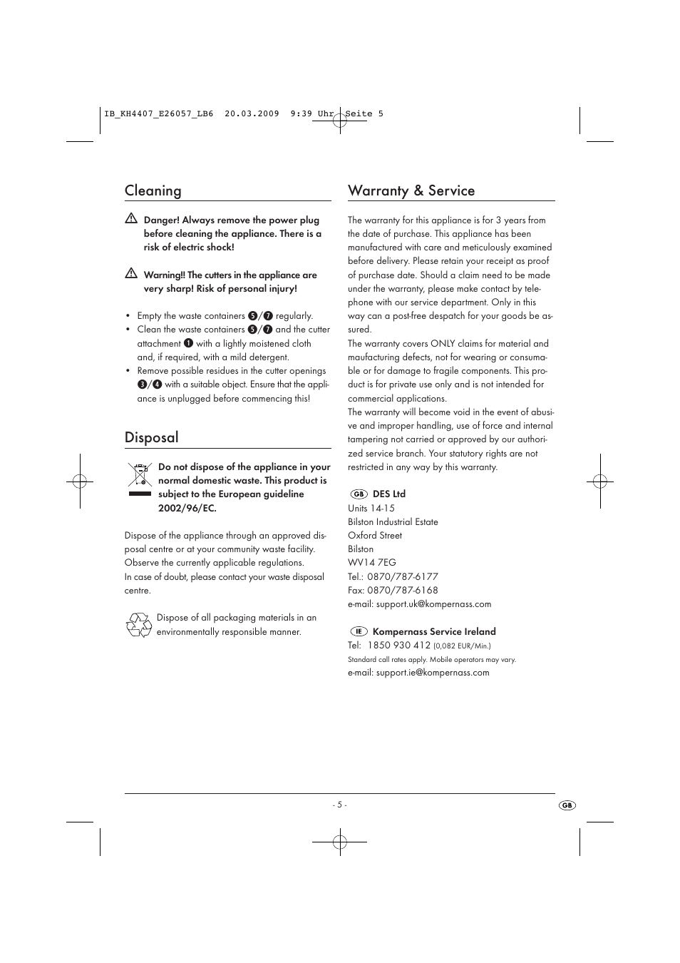 Cleaning, Disposal, Warranty & service | Kompernass AUTOMATIC SHREDDER KH4407 User Manual | Page 7 / 8