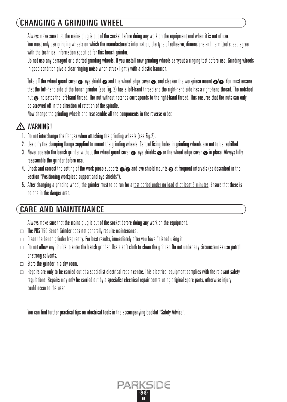 Changing a grinding wheel, Warning, Care and maintenance | Kompernass PDS 150 User Manual | Page 6 / 10