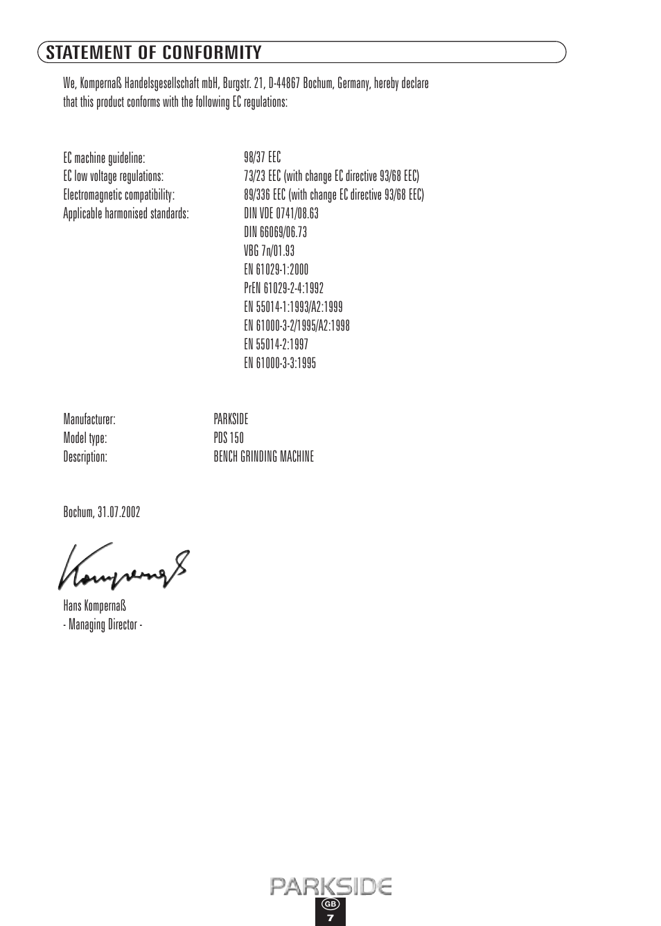 Statement of conformity | Kompernass PDS 150 User Manual | Page 7 / 10