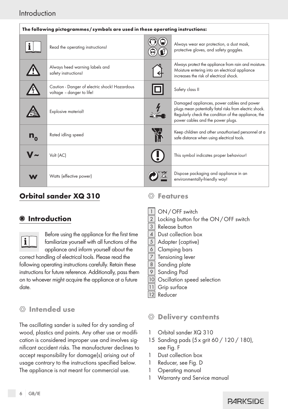 Orbital sander xq 310, Introduction, Intended use | Features, Delivery contents | Kompernass XQ 310 User Manual | Page 4 / 10