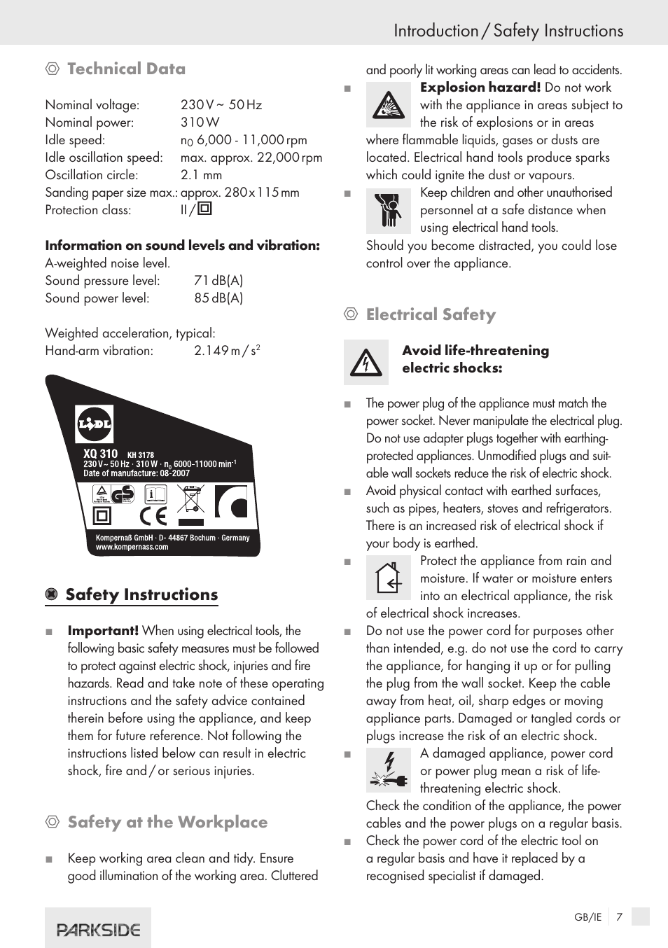 Introduction / safety instructions, Technical data, Safety instructions | Safety at the workplace, Electrical safety | Kompernass XQ 310 User Manual | Page 5 / 10
