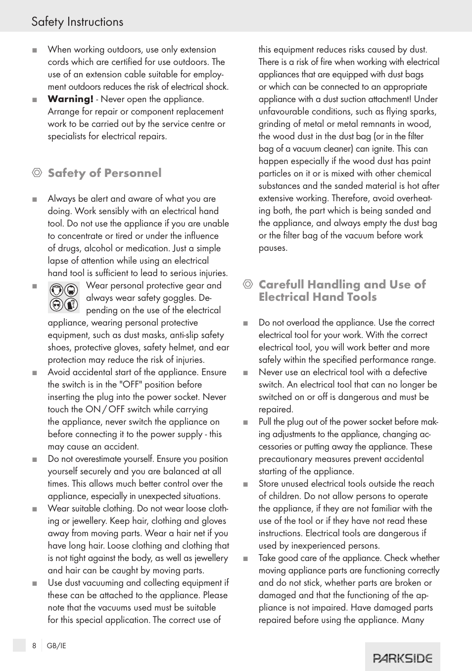 Safety instructions, Safety of personnel, Carefull handling and use of electrical hand tools | Kompernass XQ 310 User Manual | Page 6 / 10