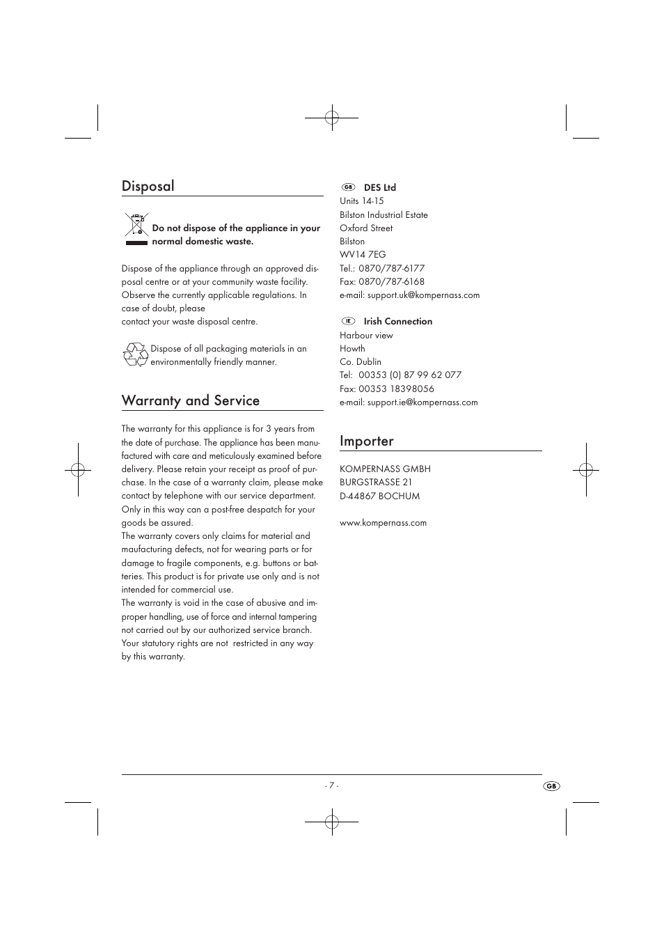 Disposal, Warranty and service, Importer | Kompernass KH 527 User Manual | Page 13 / 69