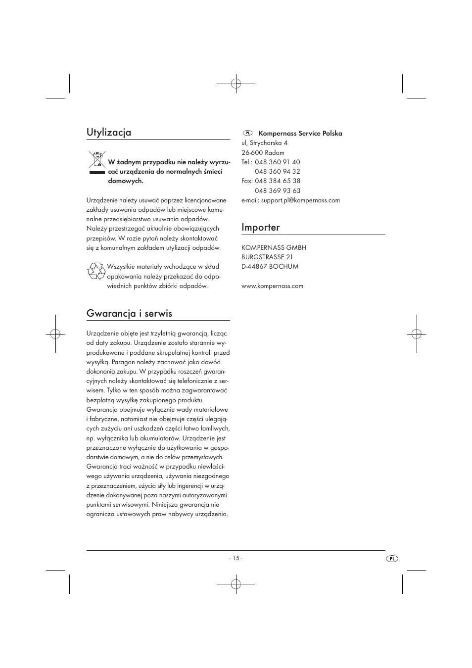Utylizacja, Gwarancja i serwis, Importer | Kompernass KH 527 User Manual | Page 21 / 69