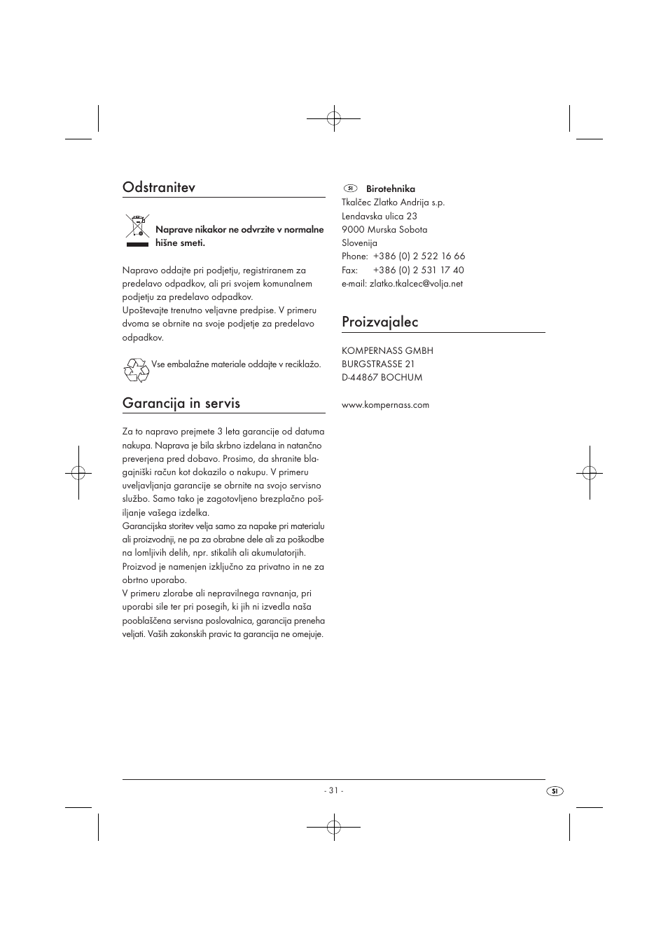 Odstranitev, Garancija in servis, Proizvajalec | Kompernass KH 527 User Manual | Page 37 / 69