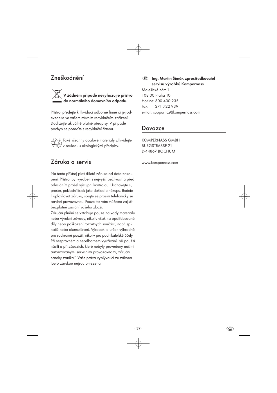 Zneškodnění, Záruka a servis, Dovozce | Kompernass KH 527 User Manual | Page 45 / 69