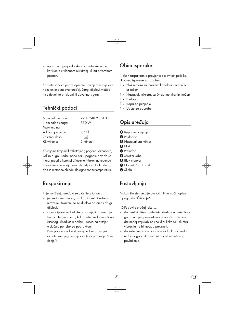 Tehnički podaci, Raspakiranje, Obim isporuke | Opis uređaja, Postavljanje | Kompernass KH 527 User Manual | Page 57 / 69