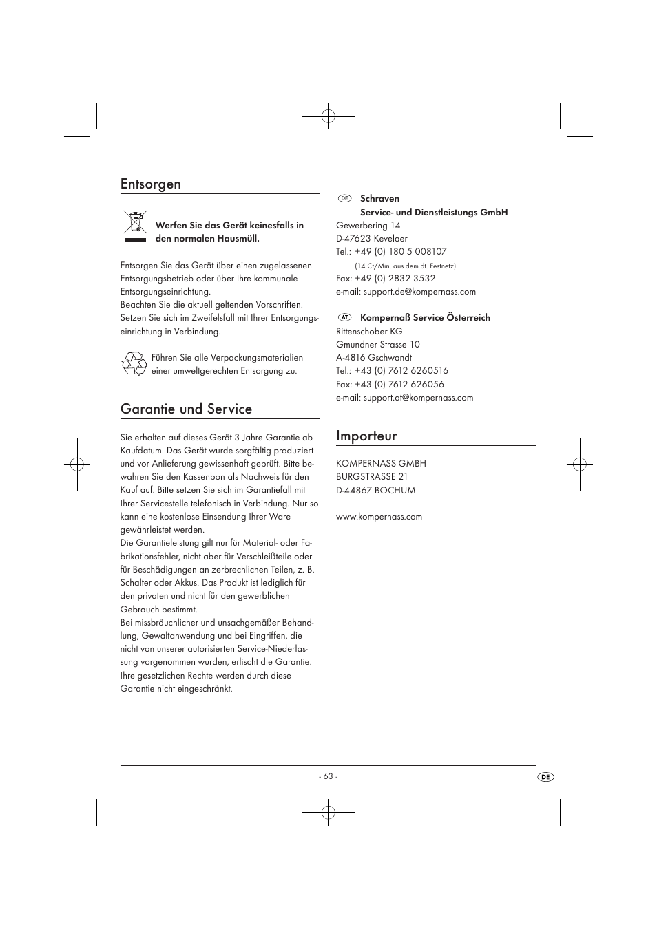 Entsorgen, Garantie und service, Importeur | Kompernass KH 527 User Manual | Page 69 / 69