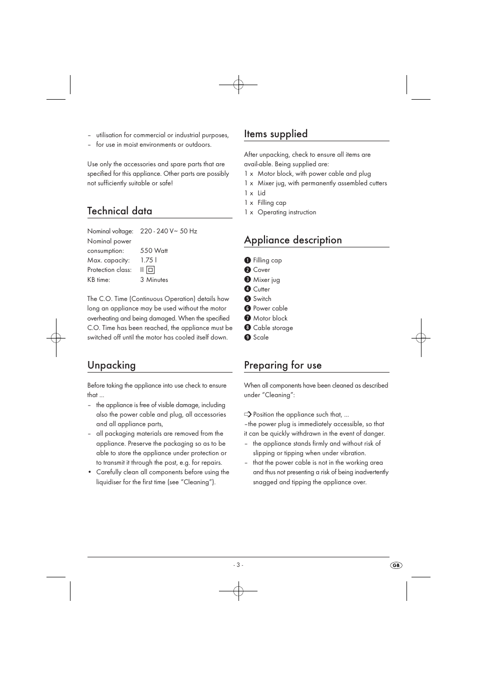 Technical data, Unpacking, Items supplied | Appliance description, Preparing for use | Kompernass KH 527 User Manual | Page 9 / 69