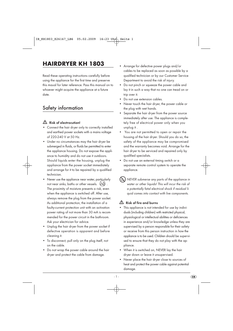 Hairdryer kh 1803, Safety information | Kompernass HAIRDRYER KH1803 User Manual | Page 3 / 6