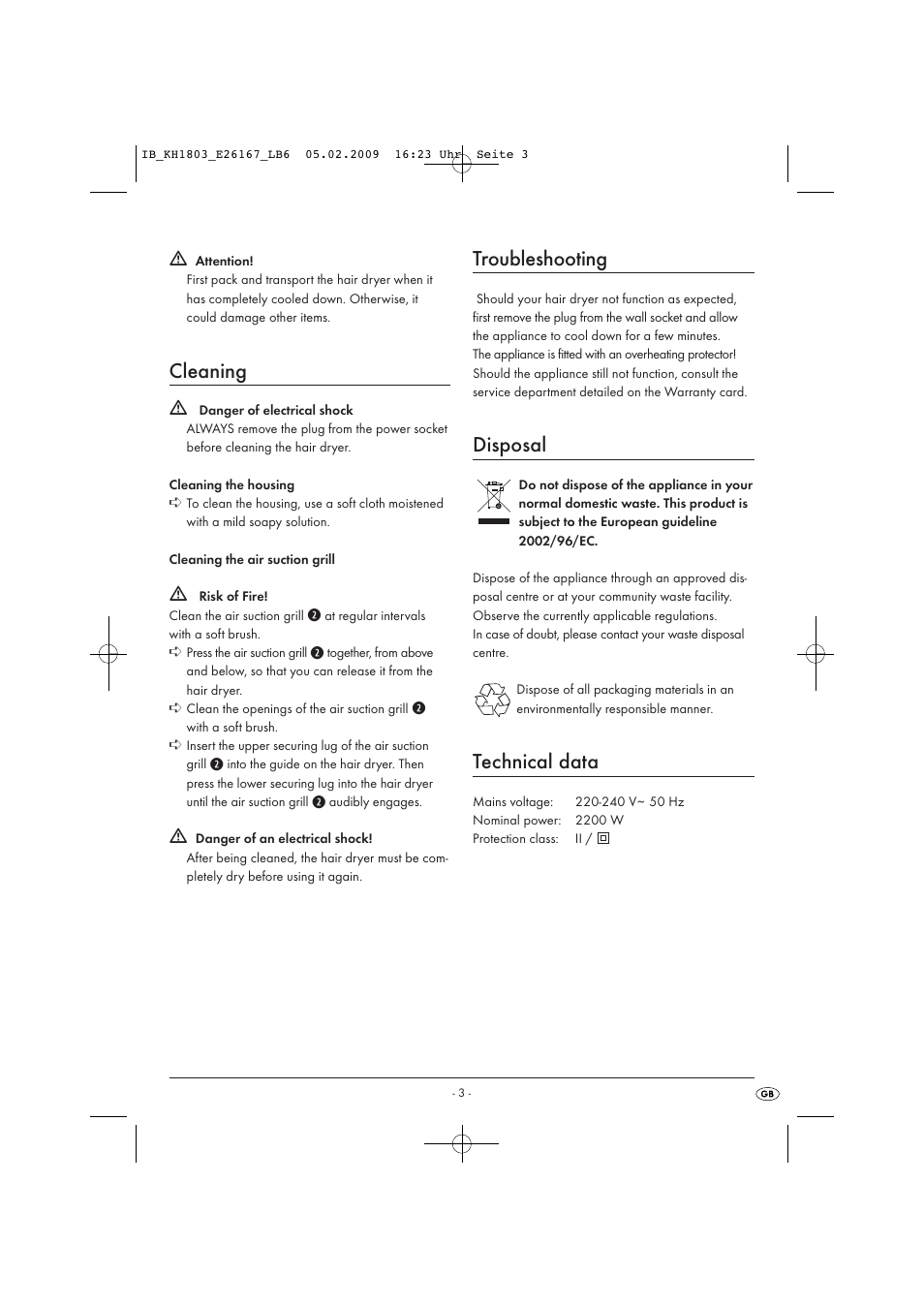 Cleaning, Troubleshooting, Disposal | Technical data | Kompernass HAIRDRYER KH1803 User Manual | Page 5 / 6