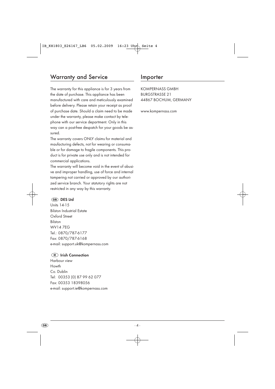 Warranty and service, Importer | Kompernass HAIRDRYER KH1803 User Manual | Page 6 / 6