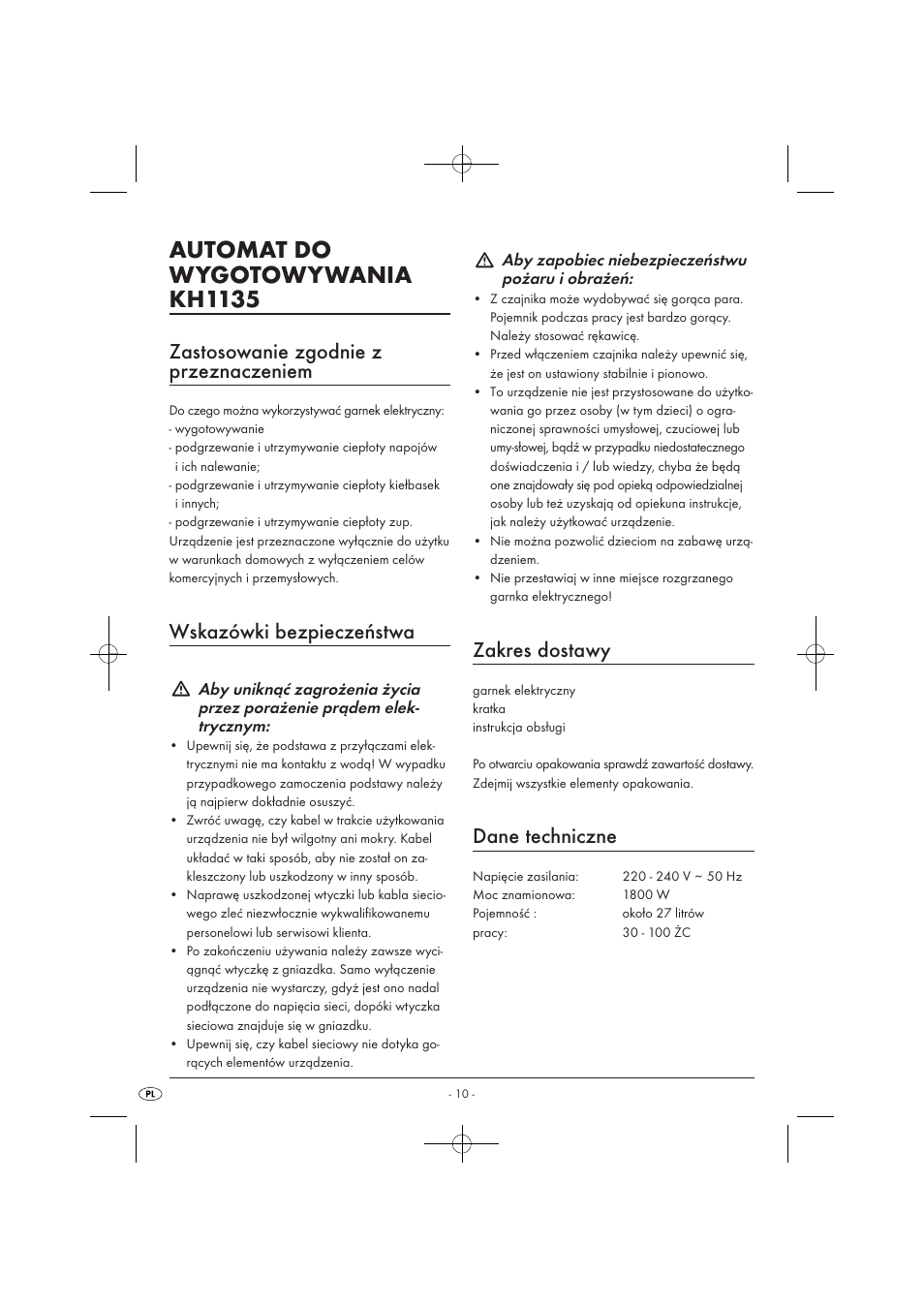 Automat do wygotowywania kh1135, Zastosowanie zgodnie z przeznaczeniem, Wskazówki bezpieczeństwa | Zakres dostawy, Dane techniczne | Kompernass KH 1135 User Manual | Page 12 / 66