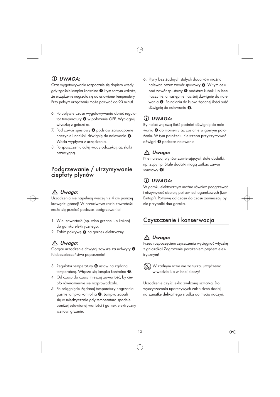 Podgrzewanie / utrzymywanie ciepłoty płynów, Czyszczenie i konserwacja, Uwaga | Kompernass KH 1135 User Manual | Page 15 / 66