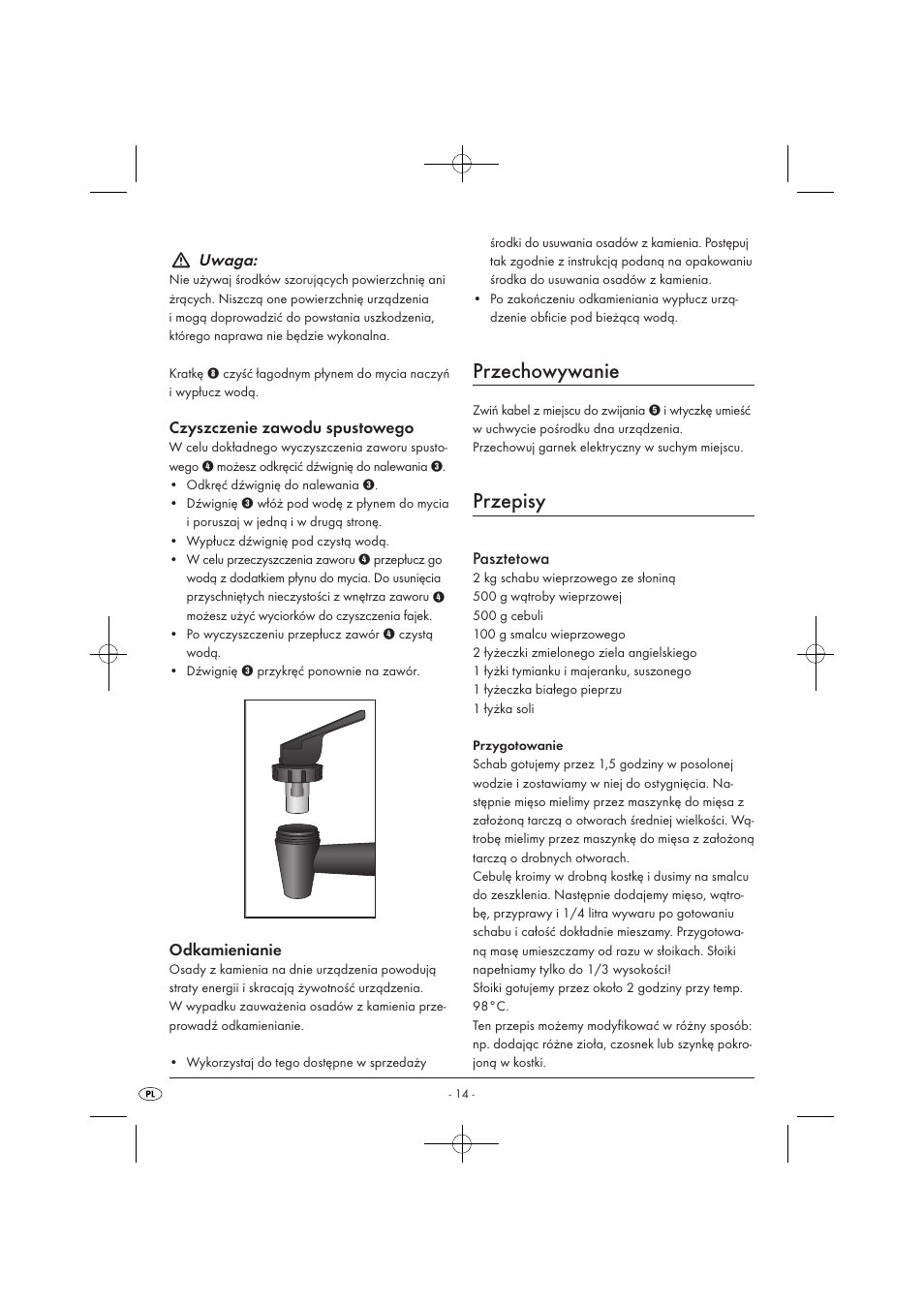 Przechowywanie, Przepisy, Uwaga | Kompernass KH 1135 User Manual | Page 16 / 66
