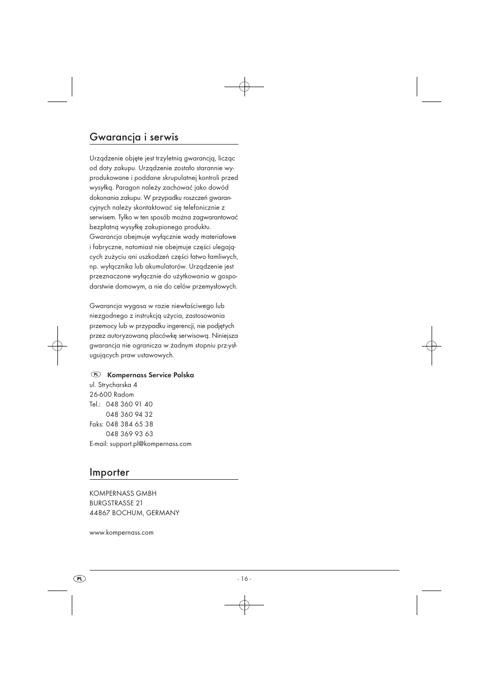 Gwarancja i serwis, Importer | Kompernass KH 1135 User Manual | Page 18 / 66