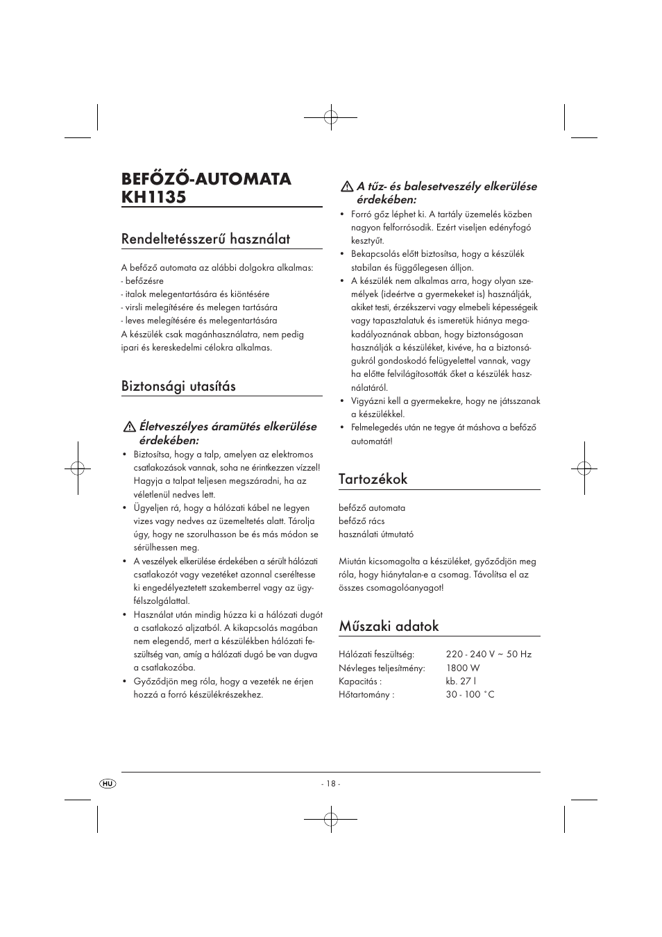 Befőző-automata kh1135, Rendeltetésszerű használat, Biztonsági utasítás | Tartozékok, Műszaki adatok | Kompernass KH 1135 User Manual | Page 20 / 66