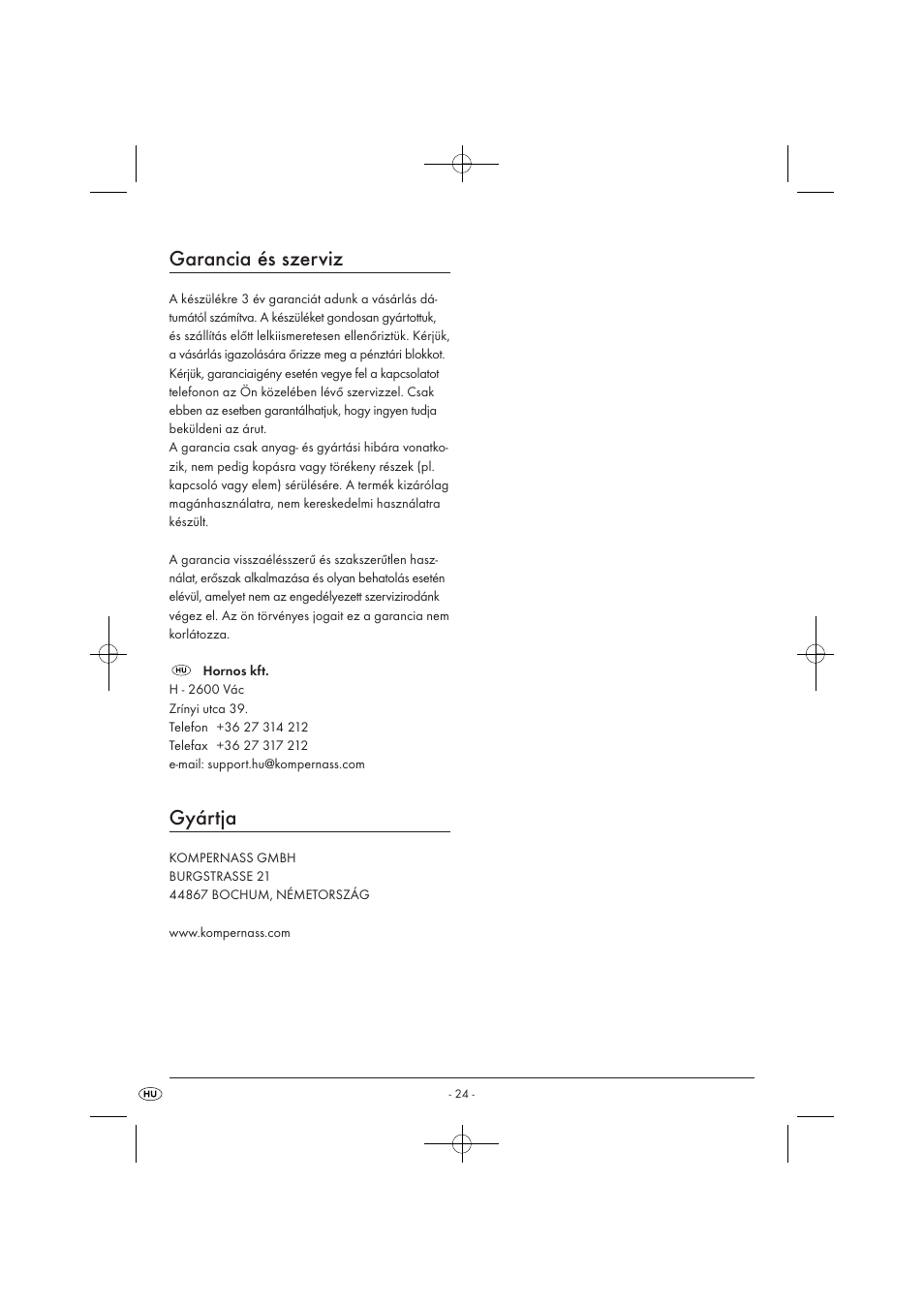 Garancia és szerviz, Gyártja | Kompernass KH 1135 User Manual | Page 26 / 66