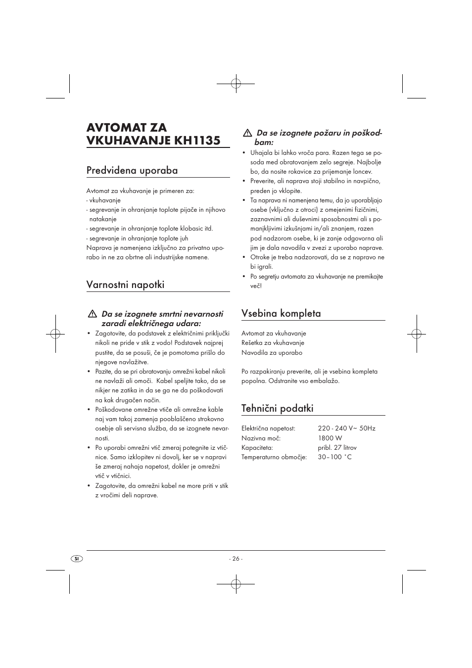 Avtomat za vkuhavanje kh1135, Predvidena uporaba, Varnostni napotki | Vsebina kompleta, Tehnični podatki | Kompernass KH 1135 User Manual | Page 28 / 66