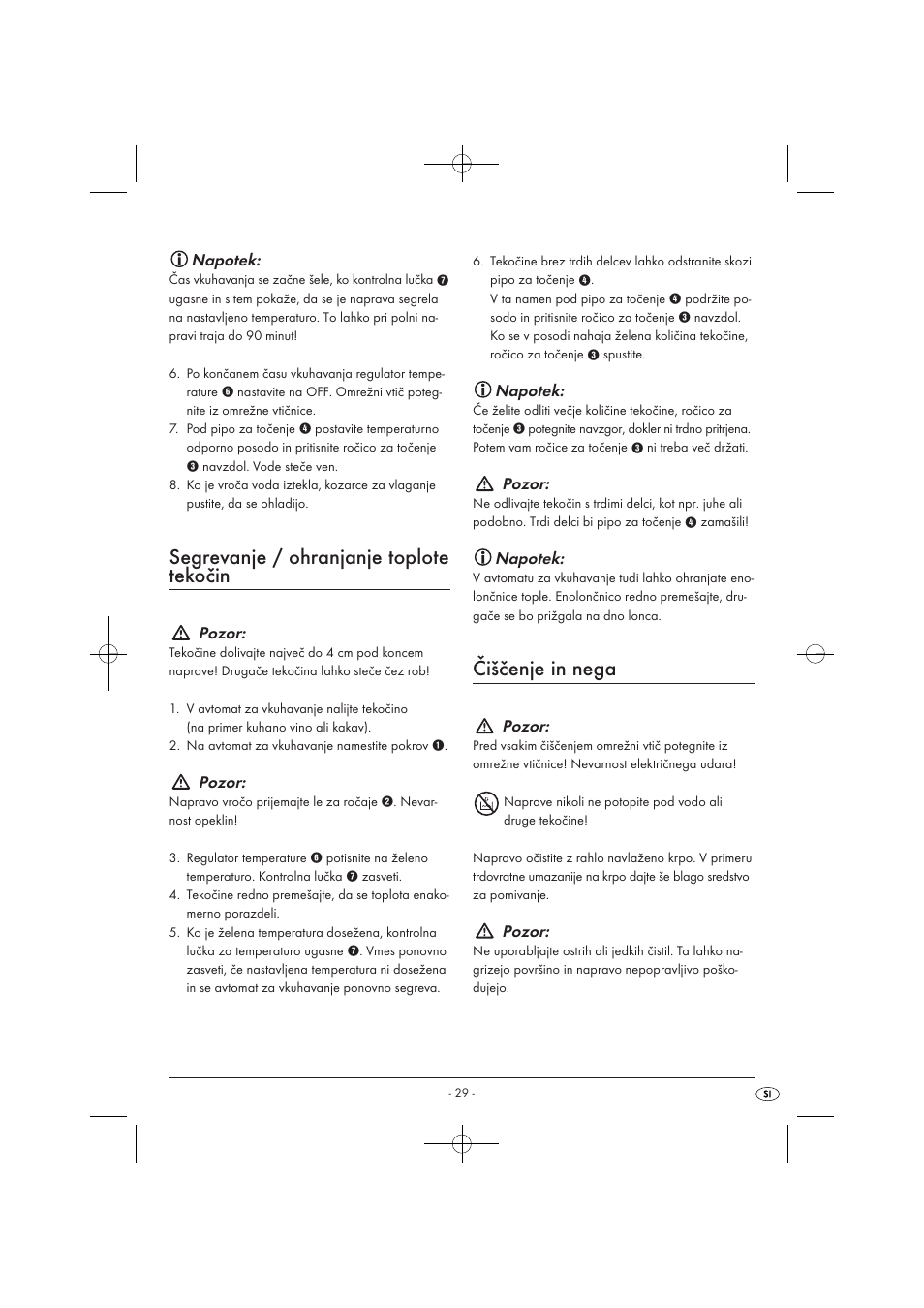 Segrevanje / ohranjanje toplote tekočin, Čiščenje in nega, Napotek | Pozor | Kompernass KH 1135 User Manual | Page 31 / 66