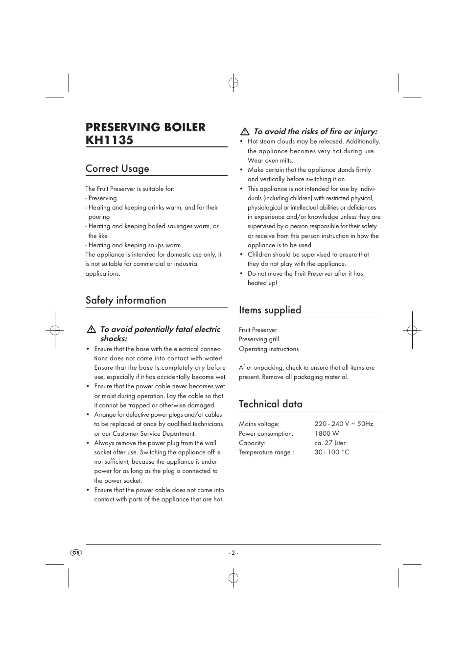 Preserving boiler kh1135, Correct usage, Safety information | Items supplied, Technical data | Kompernass KH 1135 User Manual | Page 4 / 66