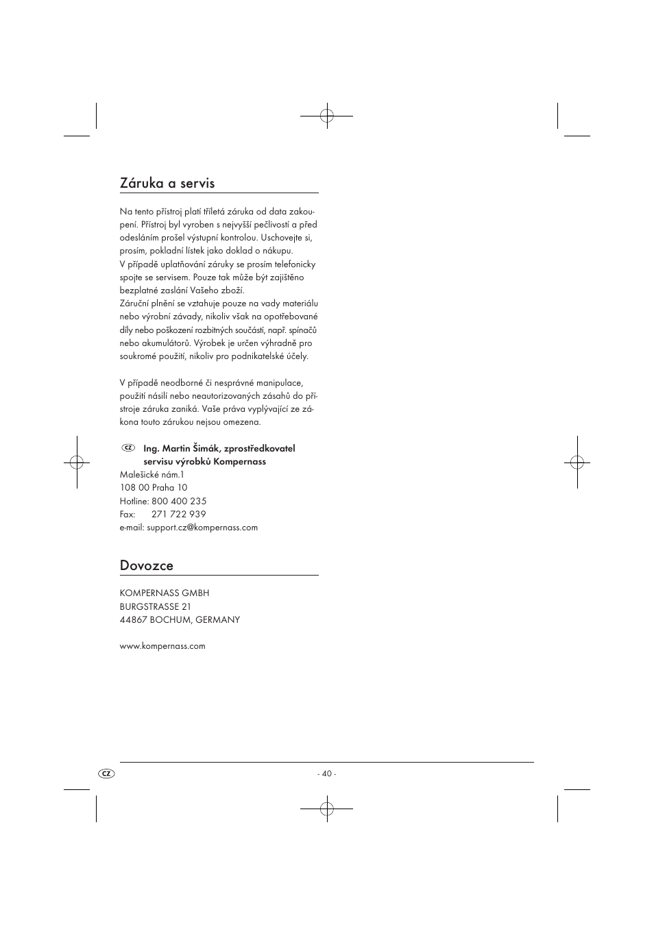 Záruka a servis, Dovozce | Kompernass KH 1135 User Manual | Page 42 / 66
