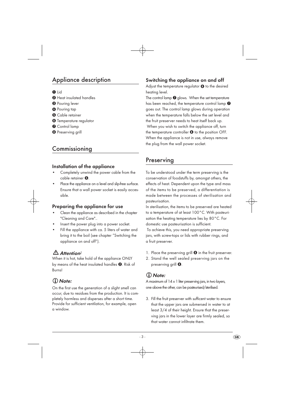 Appliance description, Commissioning, Preserving | Attention | Kompernass KH 1135 User Manual | Page 5 / 66