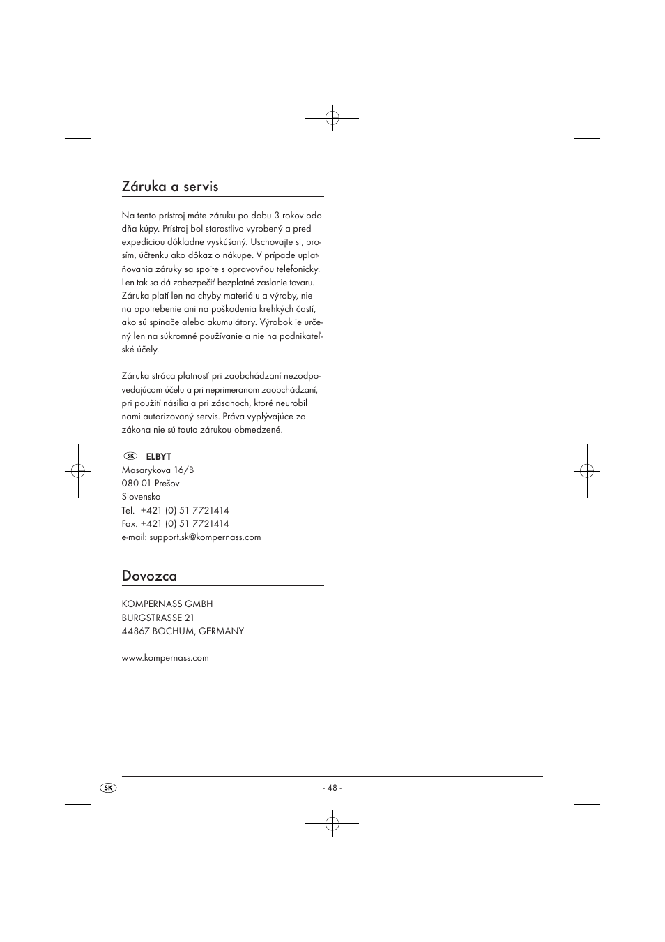Záruka a servis, Dovozca | Kompernass KH 1135 User Manual | Page 50 / 66