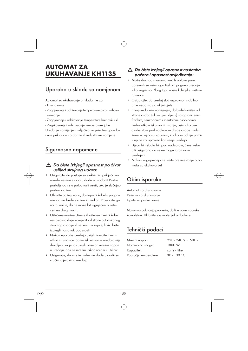 Automat za ukuhavanje kh1135, Uporaba u skladu sa namjenom, Sigurnosne napomene | Obim isporuke, Tehnički podaci | Kompernass KH 1135 User Manual | Page 52 / 66