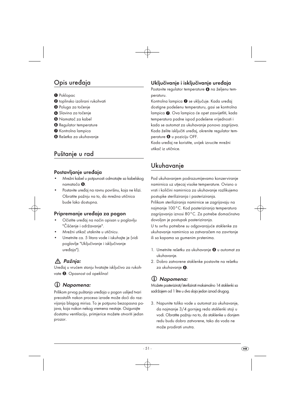 Opis uređaja, Puštanje u rad, Ukuhavanje | Pažnja, Napomena | Kompernass KH 1135 User Manual | Page 53 / 66