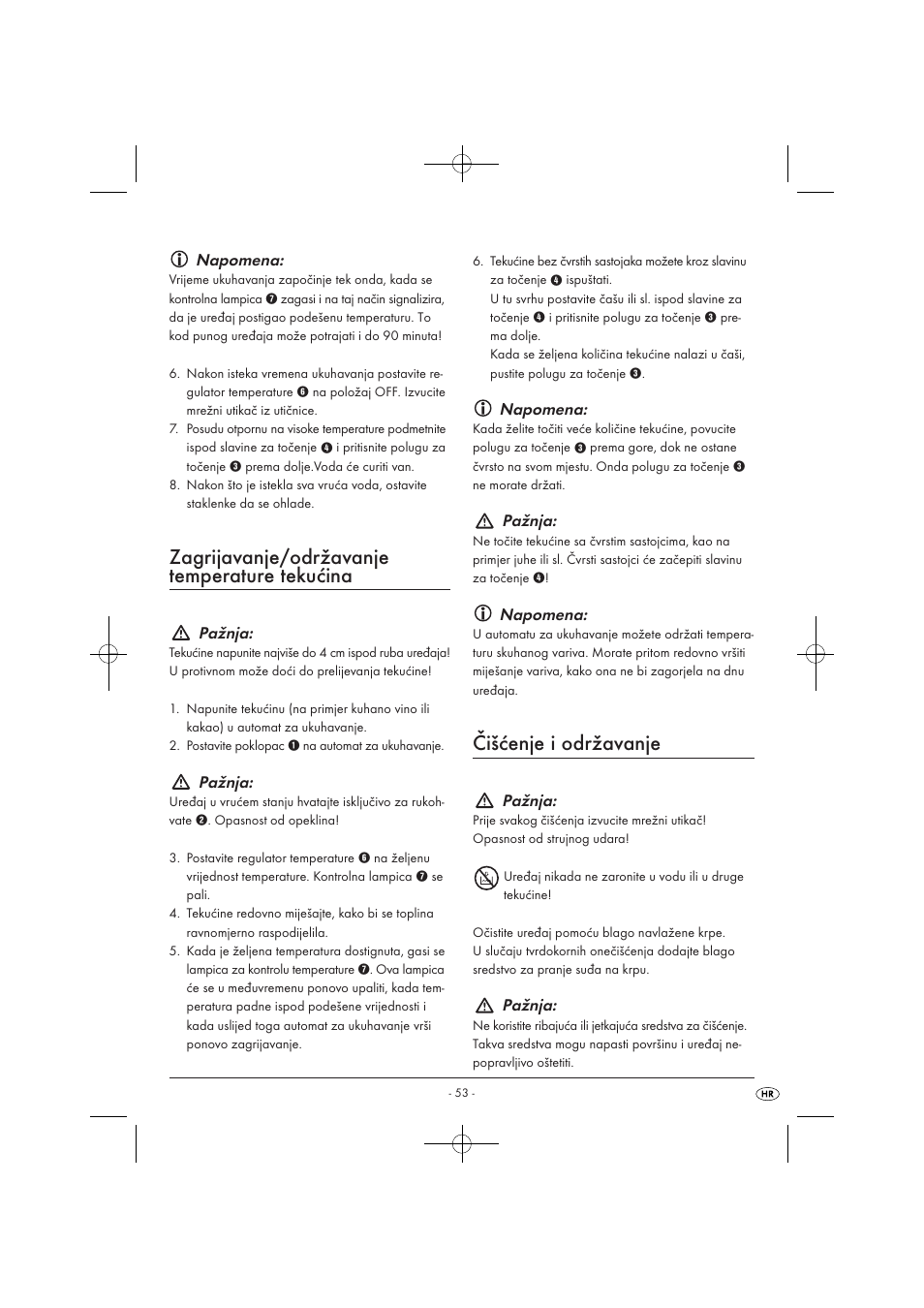 Zagrijavanje/održavanje temperature tekućina, Čišćenje i održavanje, Napomena | Pažnja | Kompernass KH 1135 User Manual | Page 55 / 66