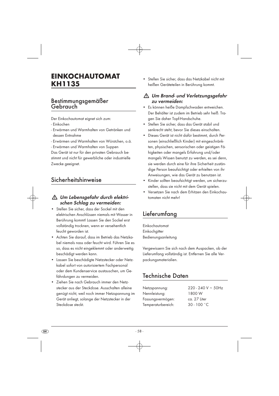 Einkochautomat kh1135, Bestimmungsgemäßer gebrauch, Sicherheitshinweise | Lieferumfang, Technische daten | Kompernass KH 1135 User Manual | Page 60 / 66