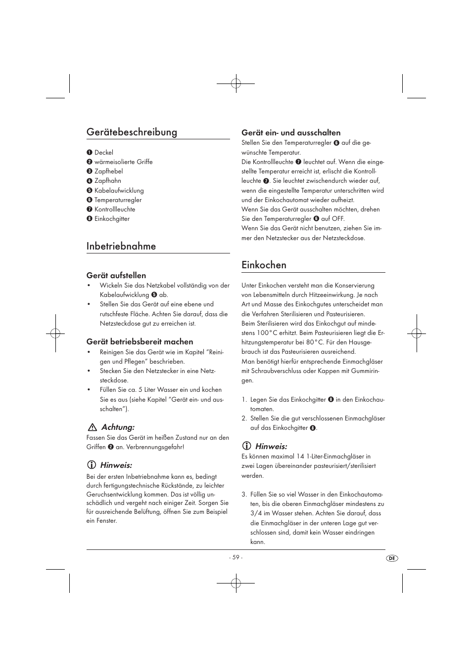 Gerätebeschreibung, Inbetriebnahme, Einkochen | Achtung, Hinweis | Kompernass KH 1135 User Manual | Page 61 / 66