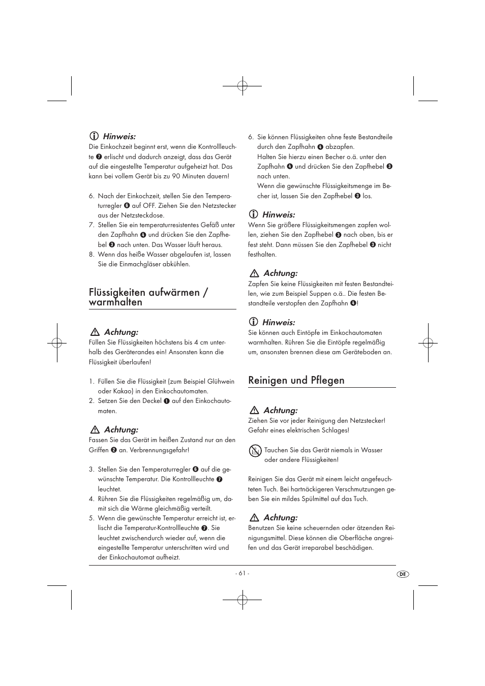 Flüssigkeiten aufwärmen / warmhalten, Reinigen und pflegen, Hinweis | Achtung | Kompernass KH 1135 User Manual | Page 63 / 66