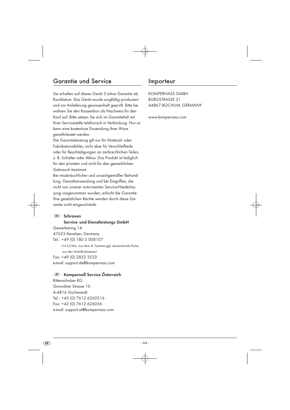 Garantie und service, Importeur | Kompernass KH 1135 User Manual | Page 66 / 66