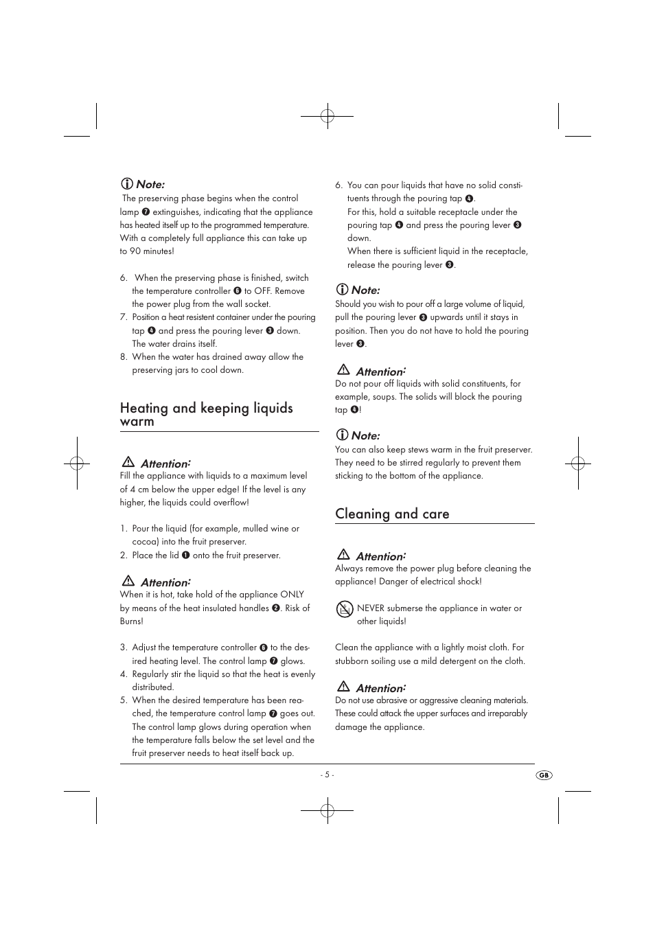 Heating and keeping liquids warm, Cleaning and care, Attention | Kompernass KH 1135 User Manual | Page 7 / 66