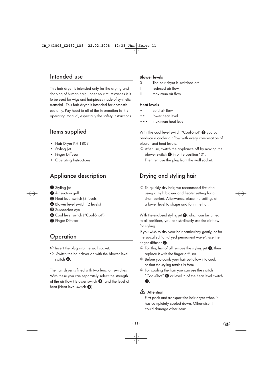 Intended use, Items supplied, Appliance description | Operation, Drying and styling hair | Kompernass KH 1803 User Manual | Page 13 / 19