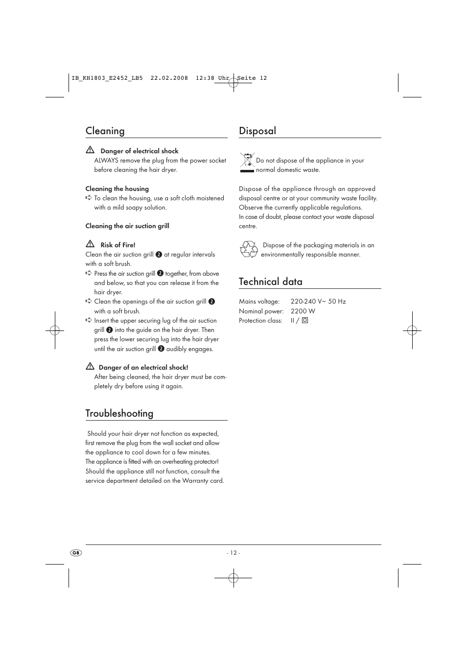 Cleaning, Troubleshooting, Disposal | Technical data | Kompernass KH 1803 User Manual | Page 14 / 19
