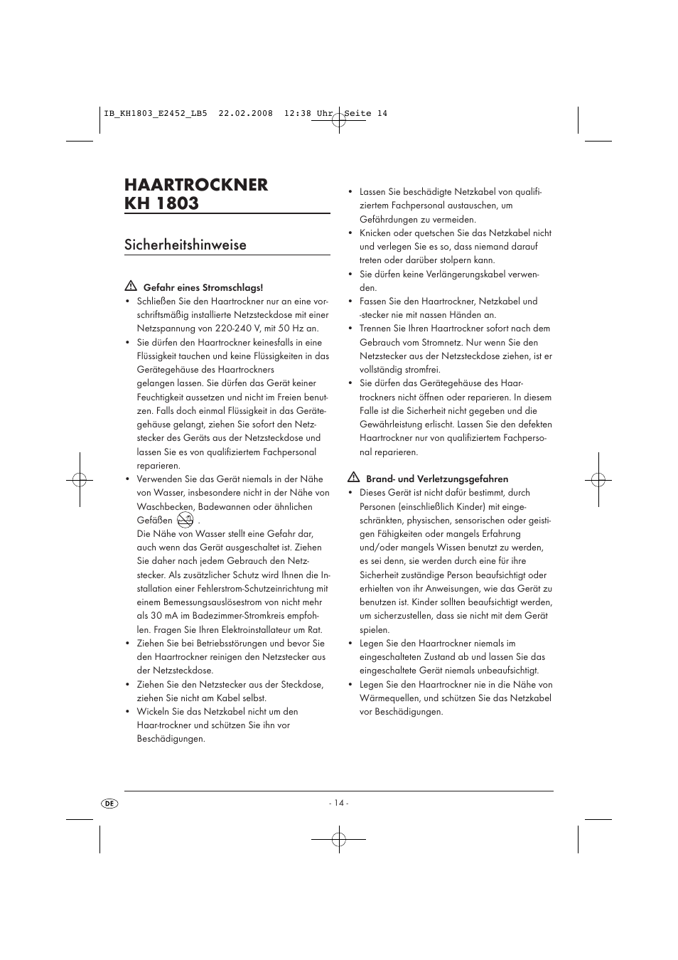 Haartrockner kh 1803, Sicherheitshinweise | Kompernass KH 1803 User Manual | Page 16 / 19