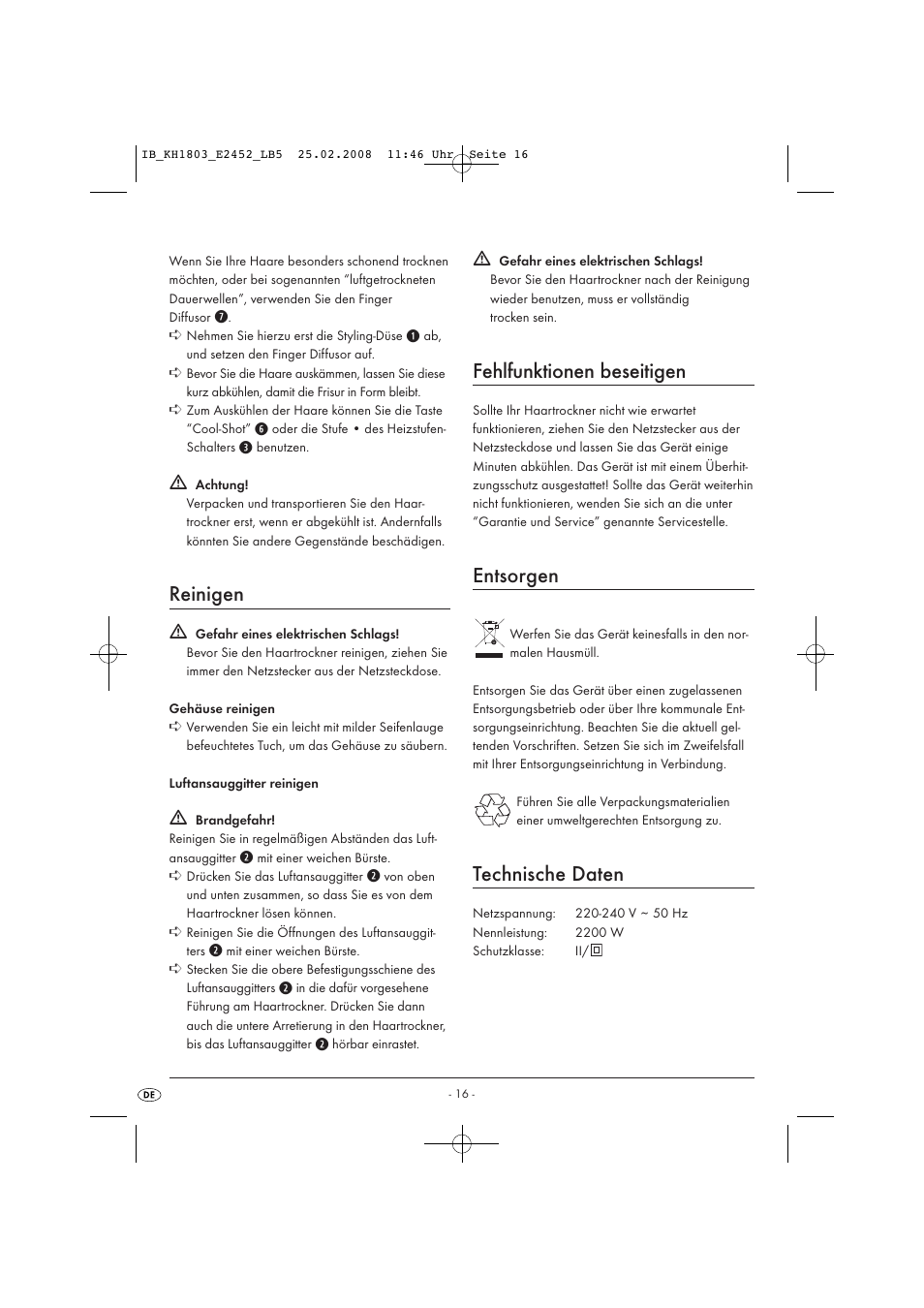 Reinigen, Fehlfunktionen beseitigen, Entsorgen | Technische daten | Kompernass KH 1803 User Manual | Page 18 / 19