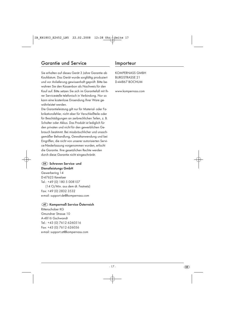Garantie und service, Importeur | Kompernass KH 1803 User Manual | Page 19 / 19