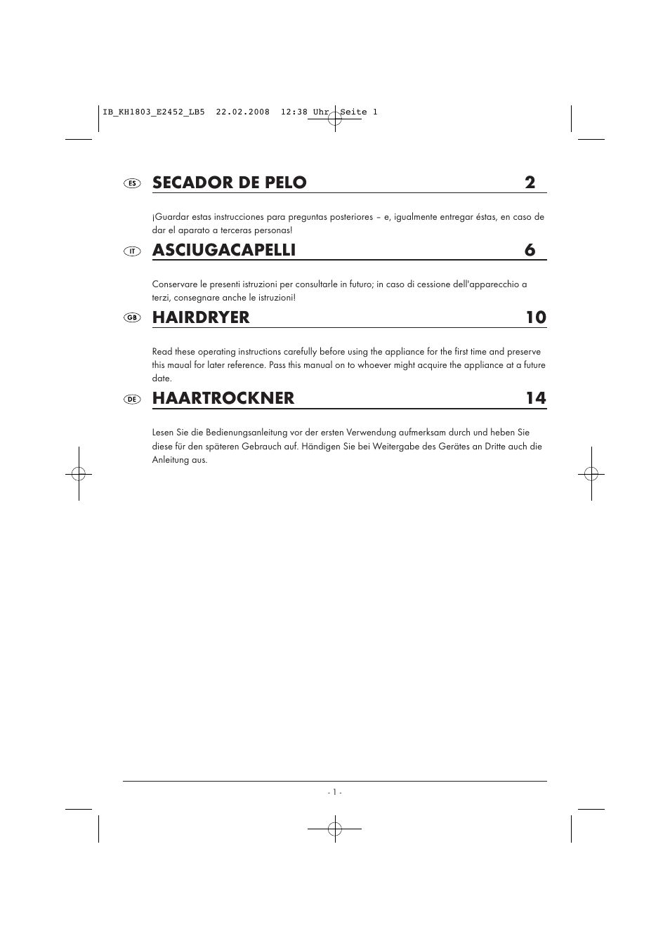 Secador de pelo 2, Asciugacapelli 6, Hairdryer 10 | Haartrockner 14 | Kompernass KH 1803 User Manual | Page 3 / 19