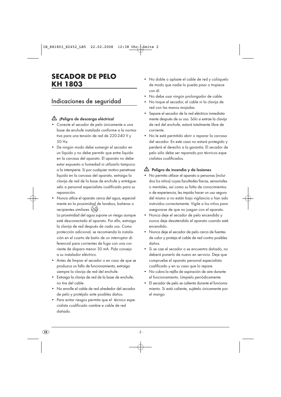 Secador de pelo kh 1803, Indicaciones de seguridad | Kompernass KH 1803 User Manual | Page 4 / 19