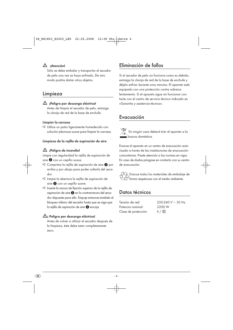 Limpieza, Eliminación de fallos, Evacuación | Datos técnicos | Kompernass KH 1803 User Manual | Page 6 / 19