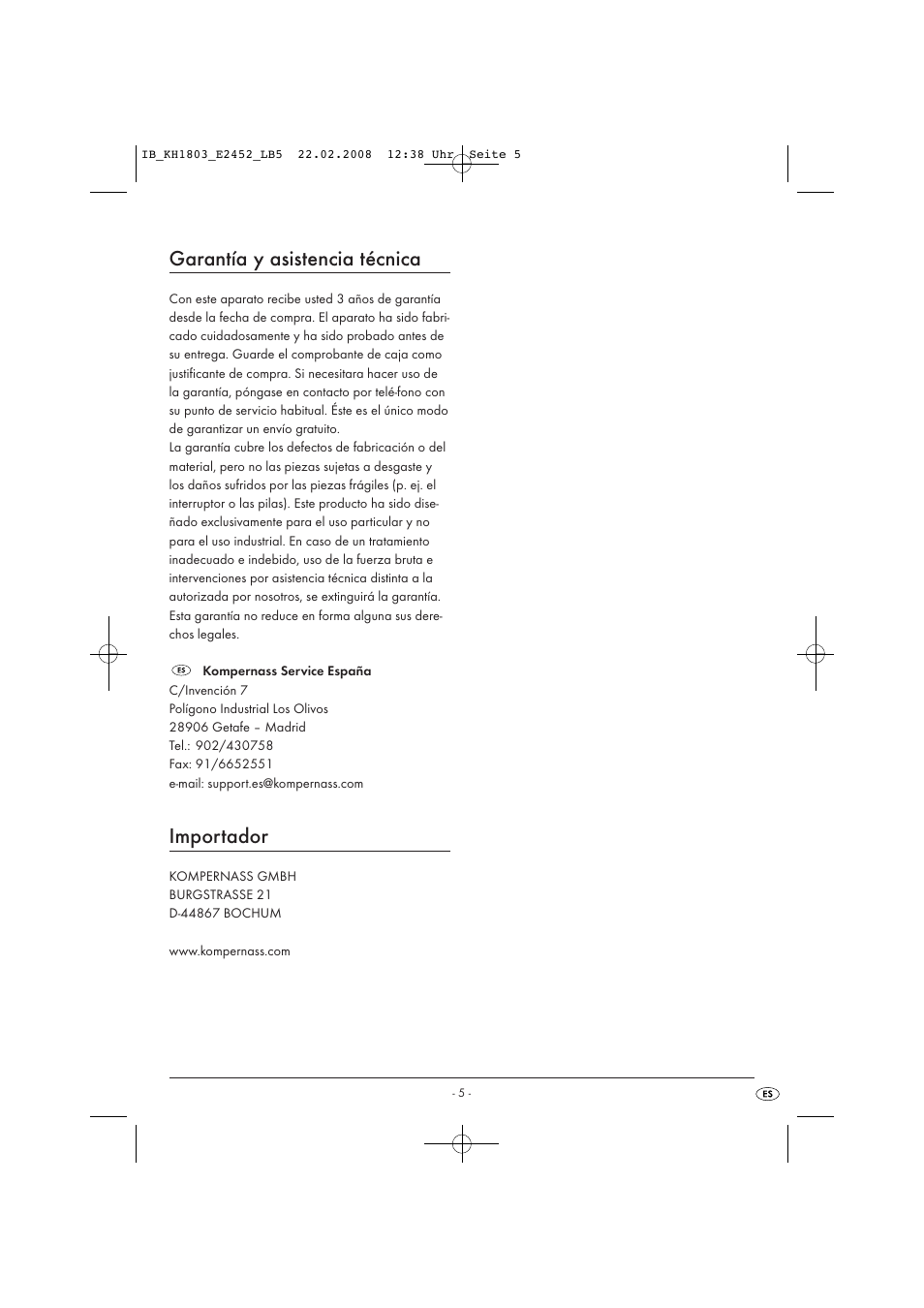 Garantía y asistencia técnica, Importador | Kompernass KH 1803 User Manual | Page 7 / 19