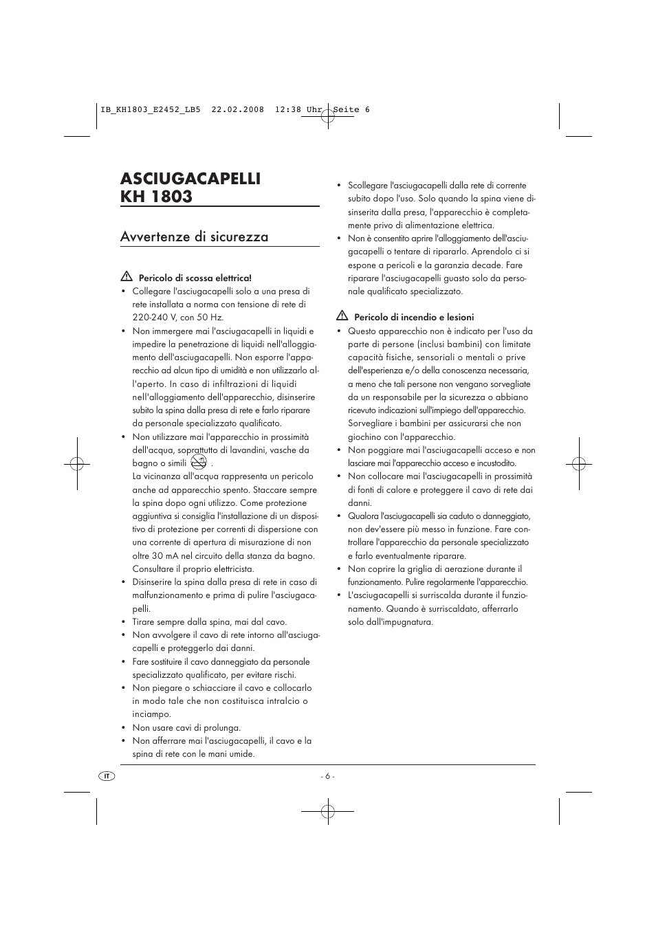 Asciugacapelli kh 1803, Avvertenze di sicurezza | Kompernass KH 1803 User Manual | Page 8 / 19