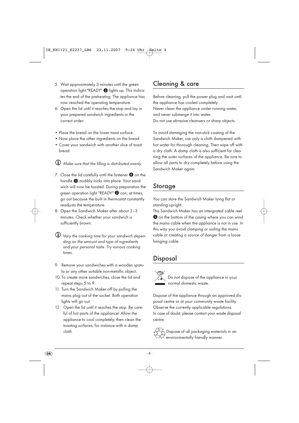 Cleaning & care, Storage, Disposal | Kompernass KH 1121 User Manual | Page 10 / 14