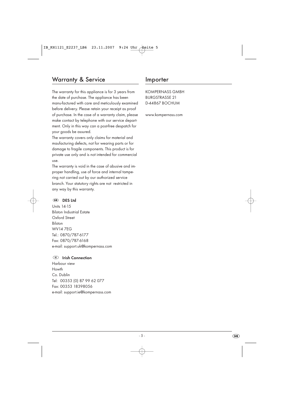 Warranty & service, Importer | Kompernass KH 1121 User Manual | Page 11 / 14