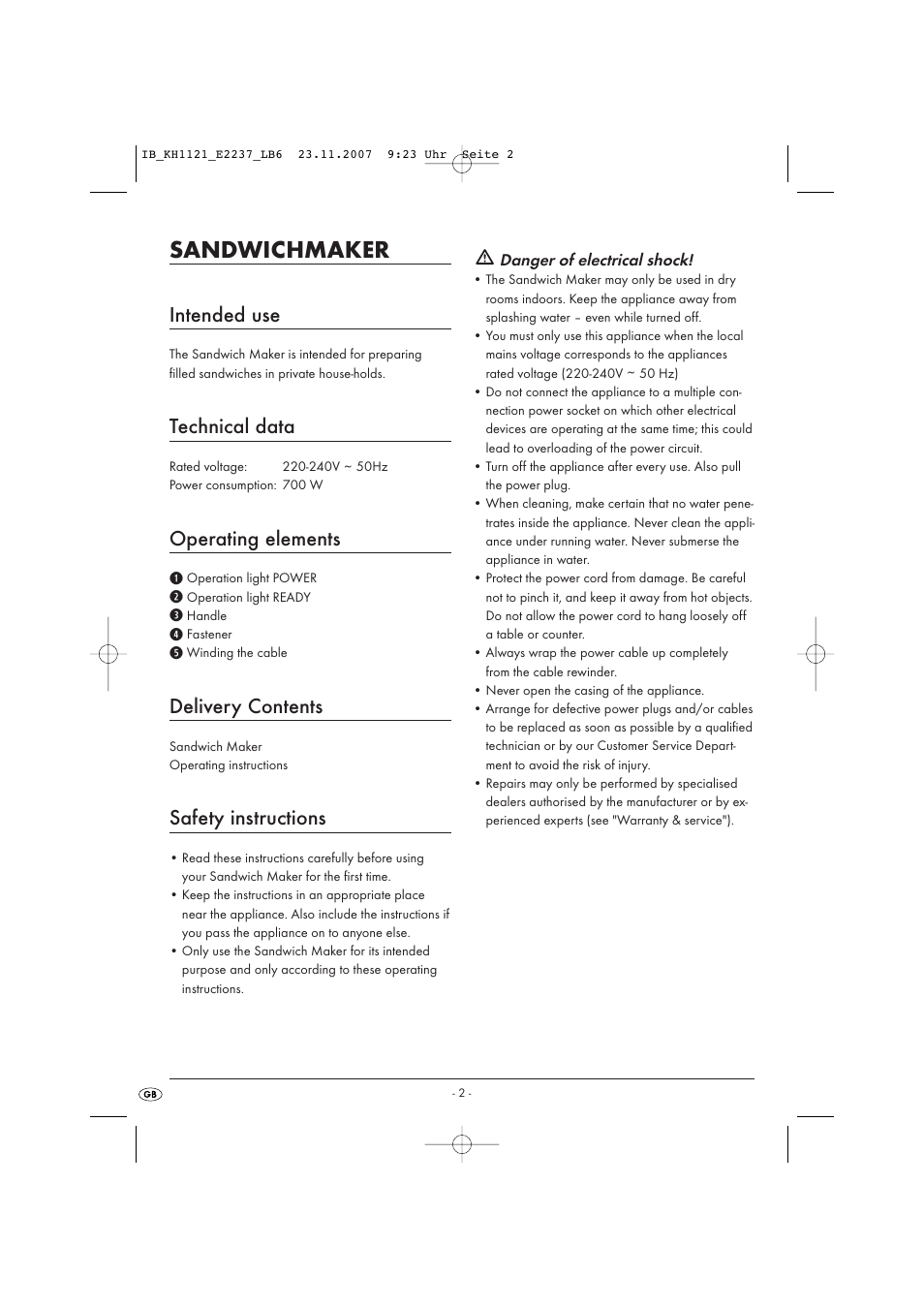 Sandwichmaker, Intended use, Technical data | Operating elements, Delivery contents, Safety instructions | Kompernass KH 1121 User Manual | Page 8 / 14