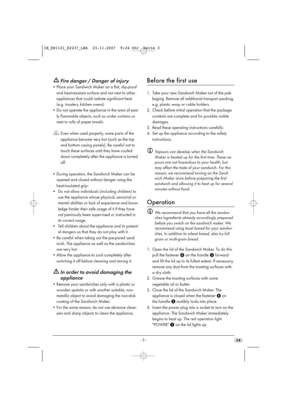 Before the first use, Operation | Kompernass KH 1121 User Manual | Page 9 / 14